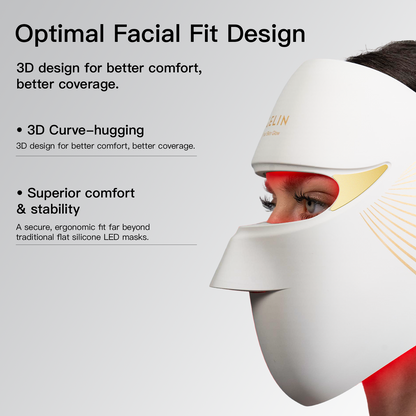 User wearing Megelin Duo-Lux mask side view, 3D curve-hugging design for superior comfort, stability, and full facial coverage beyond traditional flat LED masks