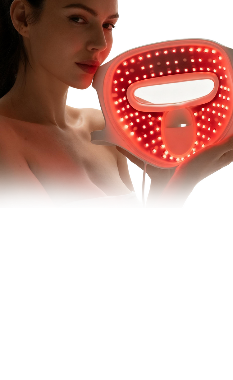 Megelin Duo-Lux mask interior, highlighting LED and laser placement, ergonomic eye and mouth isolation, and safe, comfortable design for professional-grade home anti-aging therapy