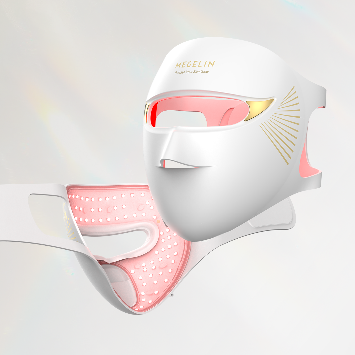 Megelin Duo-Lux Laser &amp; LED Light Therapy Mask showing full-face 3D contoured design for comfortable, home-use anti-aging skin treatment