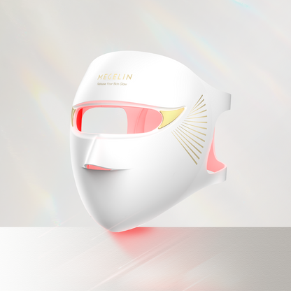 Megelin Duo-Lux Laser &amp; LED Light Therapy Mask showing full-face 3D contoured design for comfortable, home-use anti-aging skin treatment