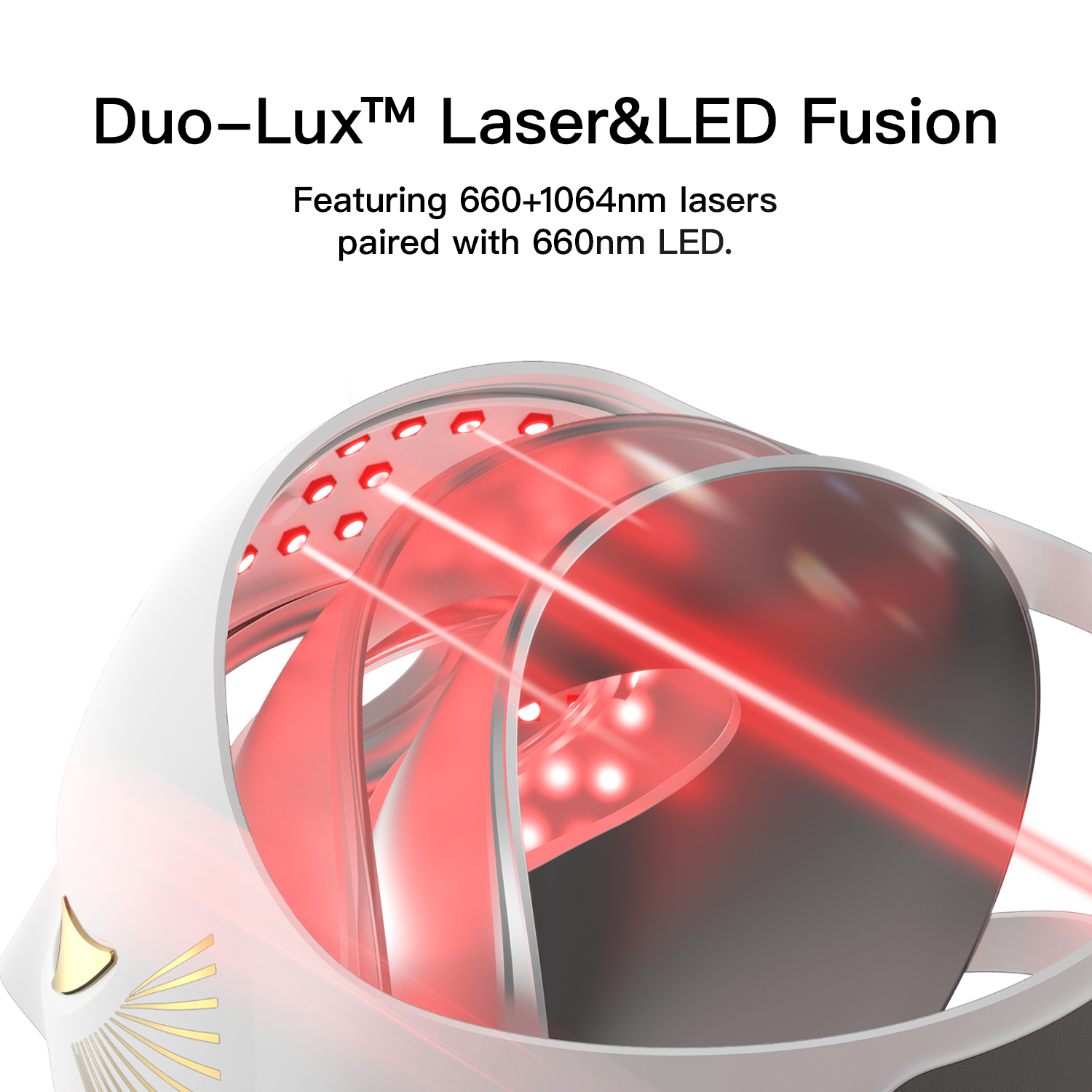 Megelin Duo-Lux mask layered view highlighting multi-wavelength 660 + 1064 nm lasers paired with 630 nm LED, showcasing Duo-Lux™ Laser &amp; LED Fusion technology