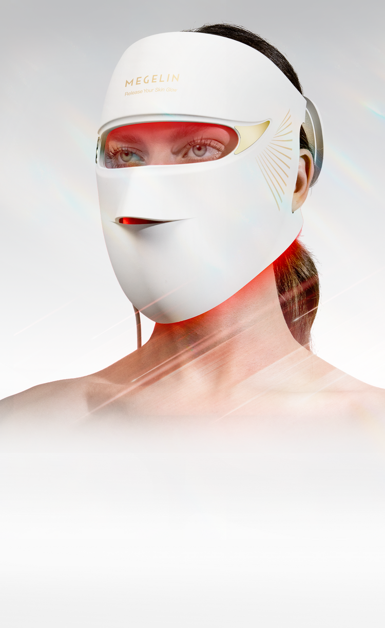 Hero banner showing Megelin Duo-Lux Laser & LED mask in use, highlighting full-face anti-aging benefits, wrinkle reduction, and skin rejuvenation at home