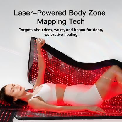 User on Megelin Light Therapy Bag red light mode with 630–1064nm multi-wavelength tech targeting shoulders, waist, and knees