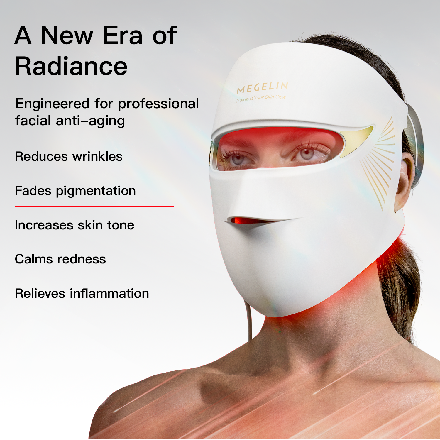 User wearing Megelin Duo-Lux mask for professional-grade facial anti-aging, reducing wrinkles, fading pigmentation, increasing skin tone, calming redness, and relieving inflammation